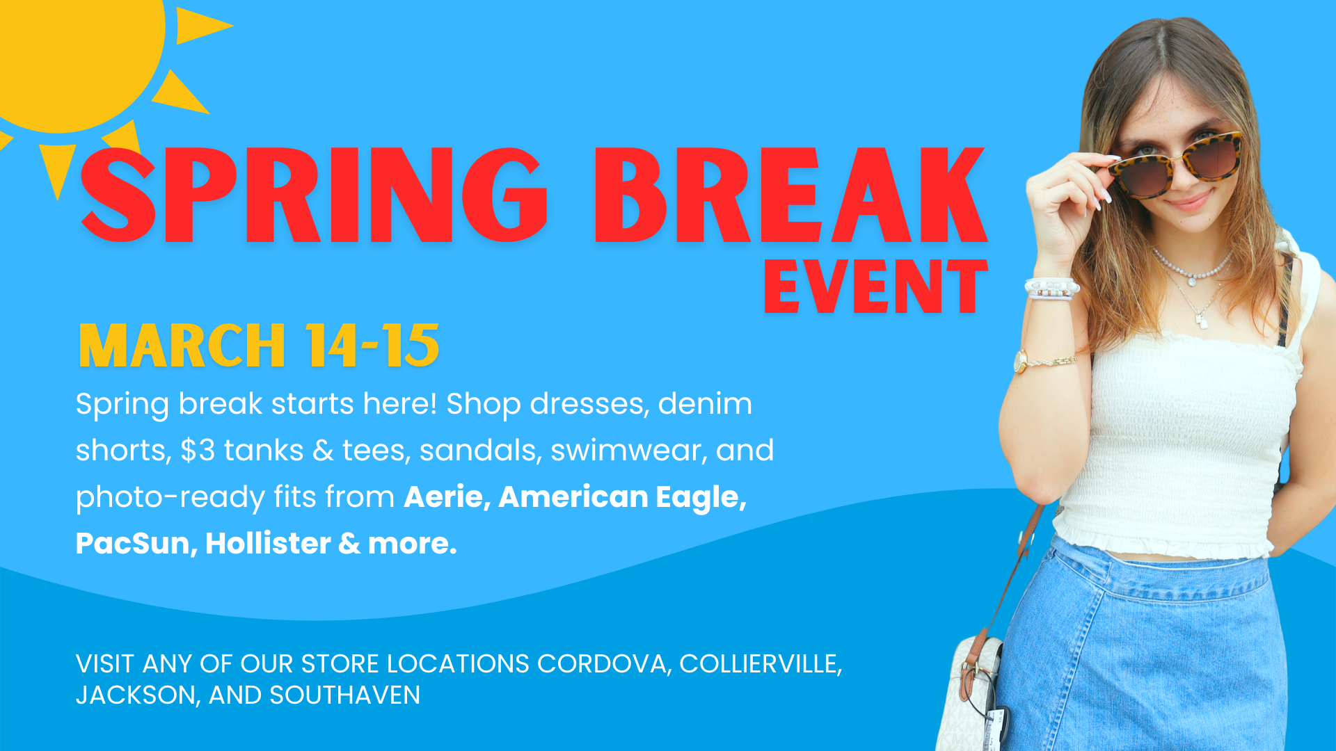 Plato’s Closet Spring Break Event March 14–15 with teen and young adult spring break outfits including $3 tanks, denim shorts, dresses, sandals, swimwear, and Aerie, American Eagle, PacSun, Hollister & more.